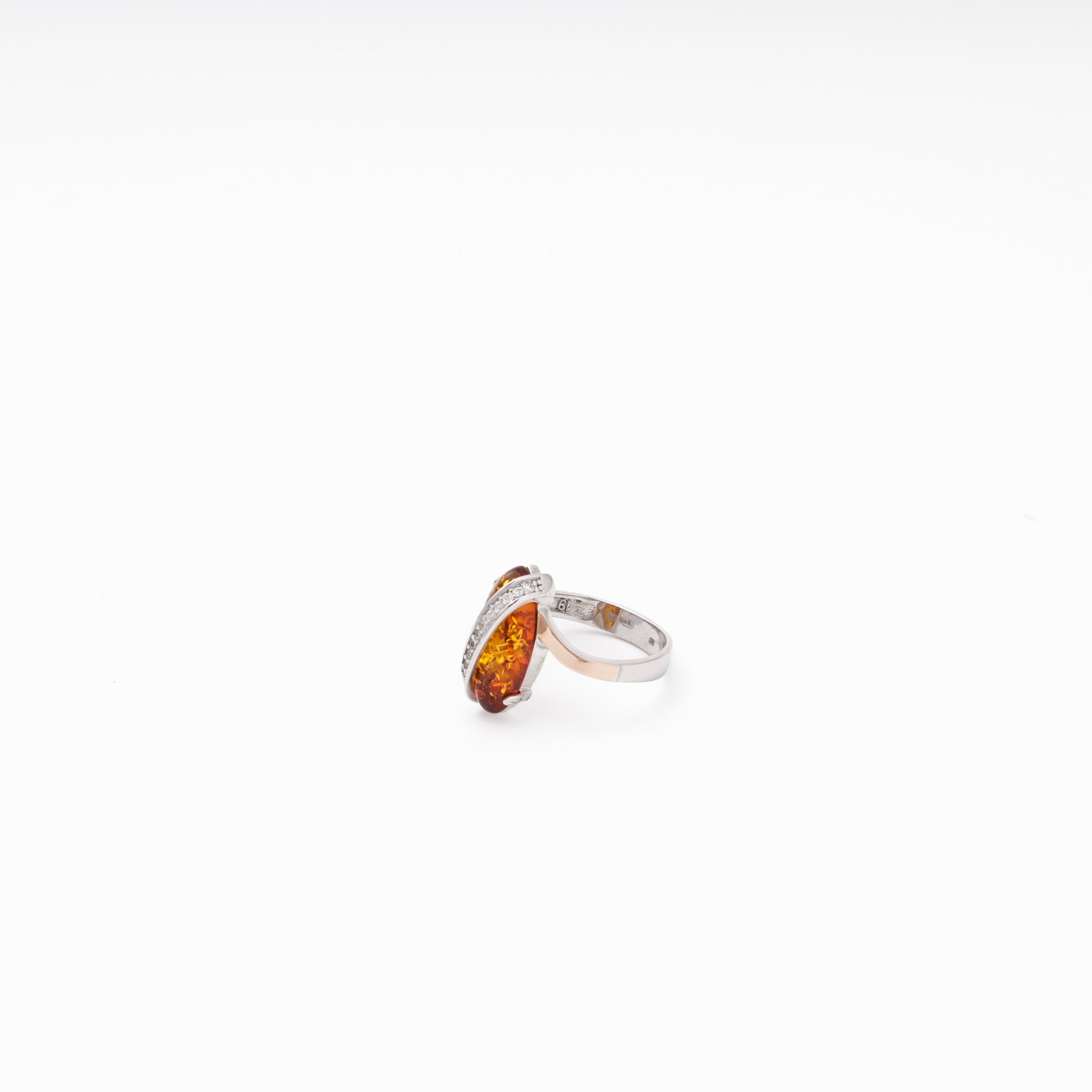 Silver 925 ring angled view with amber marquise top — Kabluchka