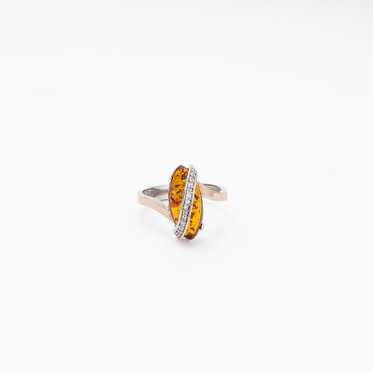 Silver 925 ring with marquise amber and curved CZ row — Kabluchka