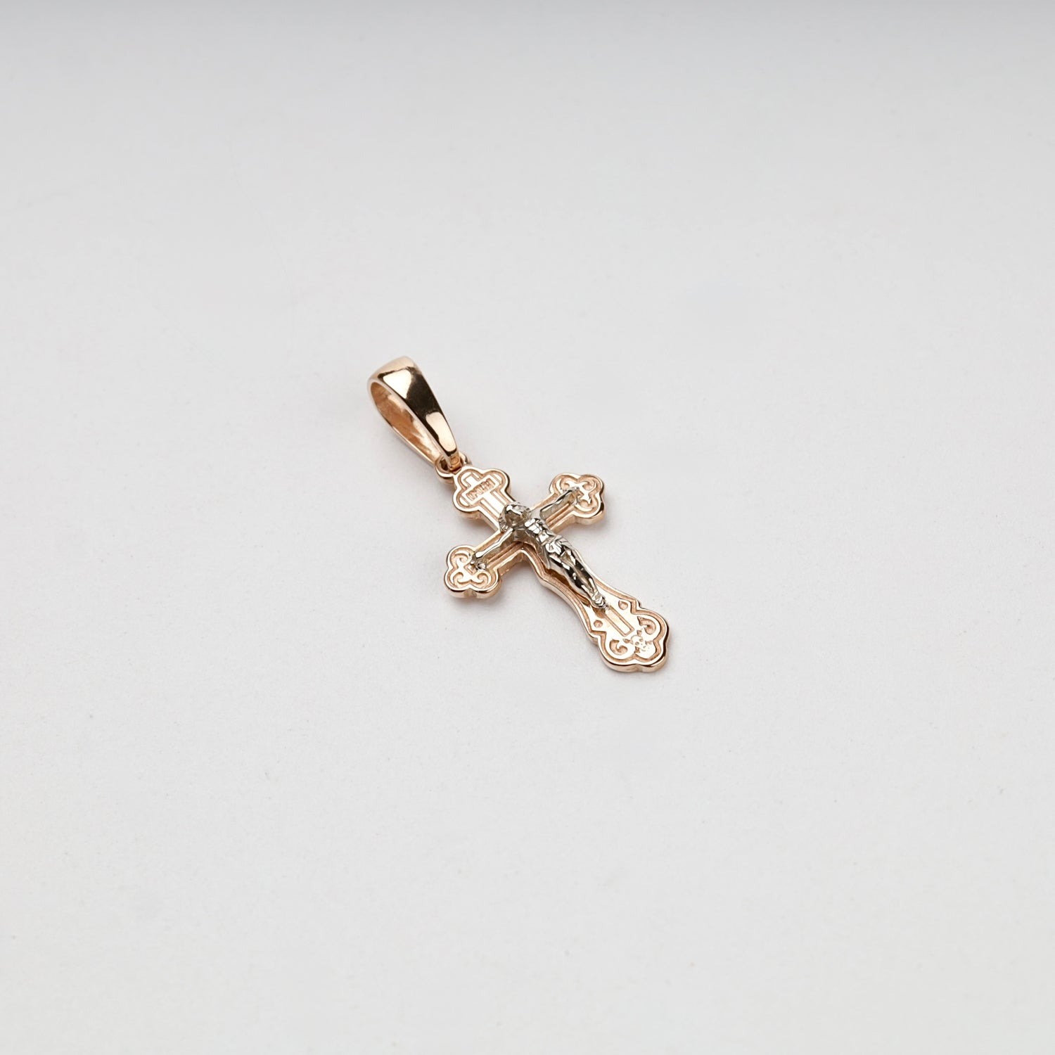 Two-Tone Gold 14K (585) Ornate Orthodox Crucifix Pendant, product view 1 — Kabluchka