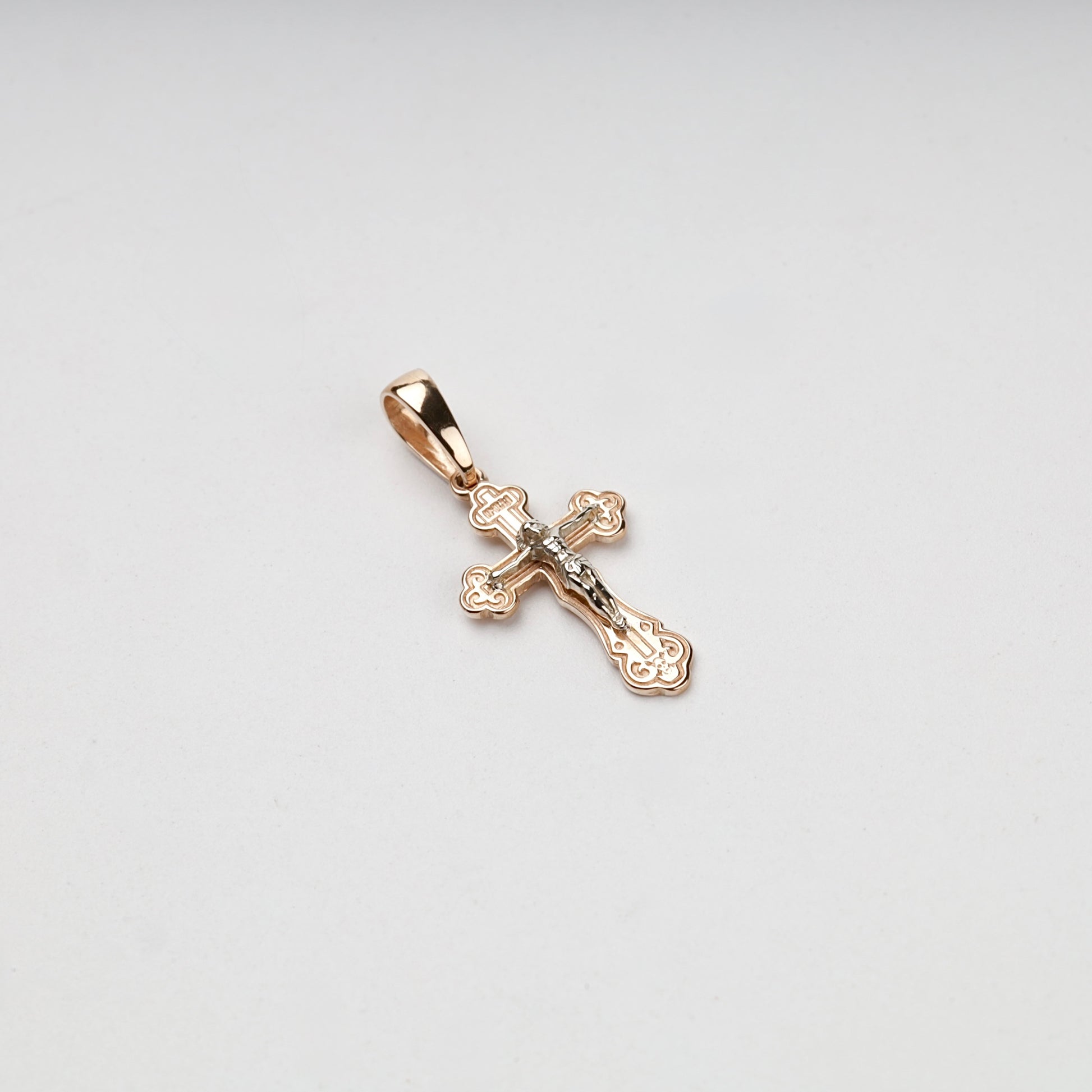 Two-Tone Gold 14K (585) Ornate Orthodox Crucifix Pendant, product view 1 — Kabluchka