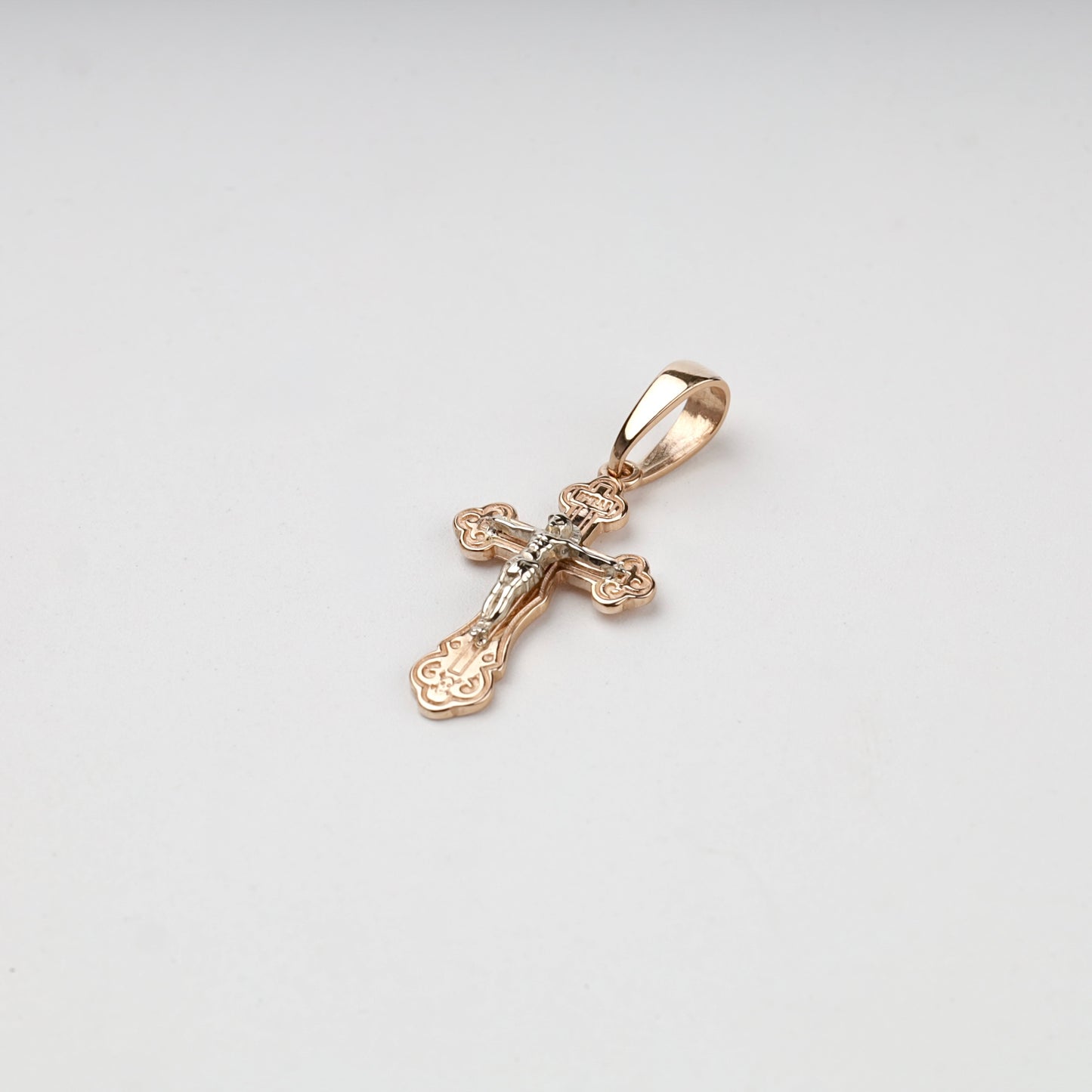 Two-Tone Gold 14K (585) Ornate Orthodox Crucifix Pendant, product view 6 — Kabluchka