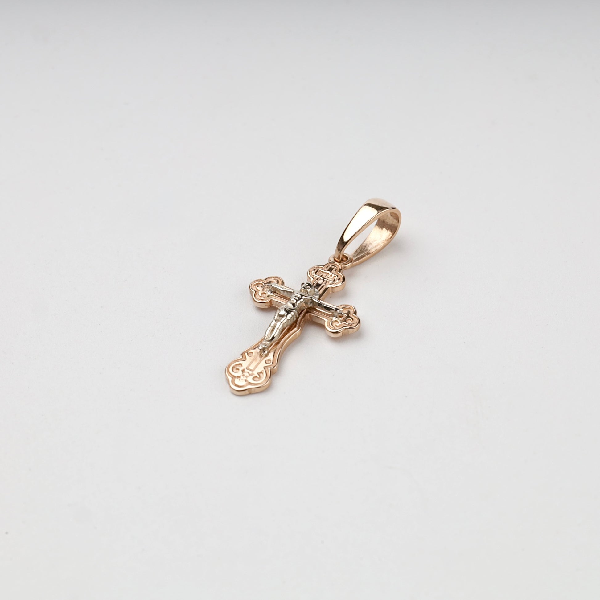 Two-Tone Gold 14K (585) Ornate Orthodox Crucifix Pendant, product view 6 — Kabluchka