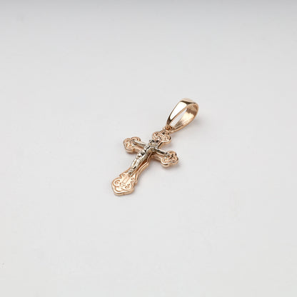 Two-Tone Gold 14K (585) Ornate Orthodox Crucifix Pendant, product view 6 — Kabluchka