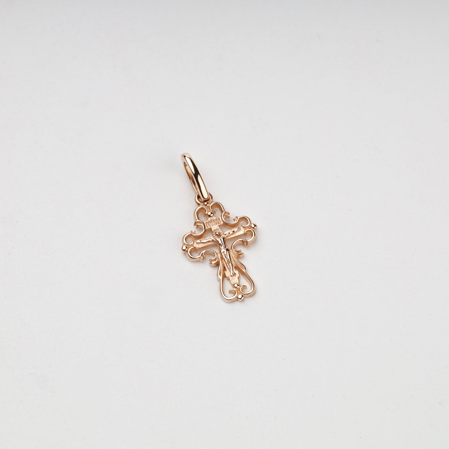 Rose Gold 14K (585) Openwork Orthodox Crucifix Pendant, product view 1 — Kabluchka
