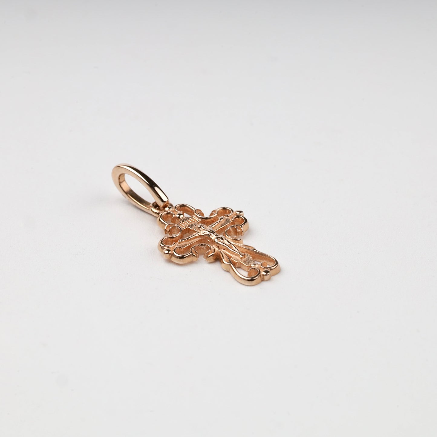 Rose Gold 14K (585) Openwork Orthodox Crucifix Pendant, product view 3 — Kabluchka