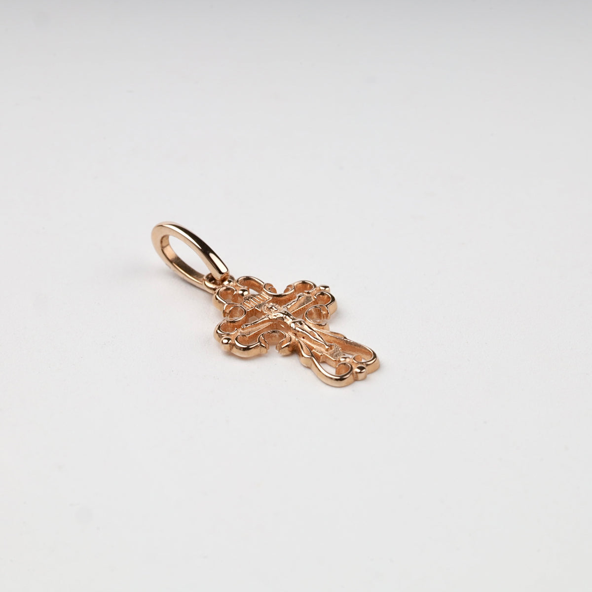 Rose Gold 14K (585) Openwork Orthodox Crucifix Pendant, product view 3 — Kabluchka