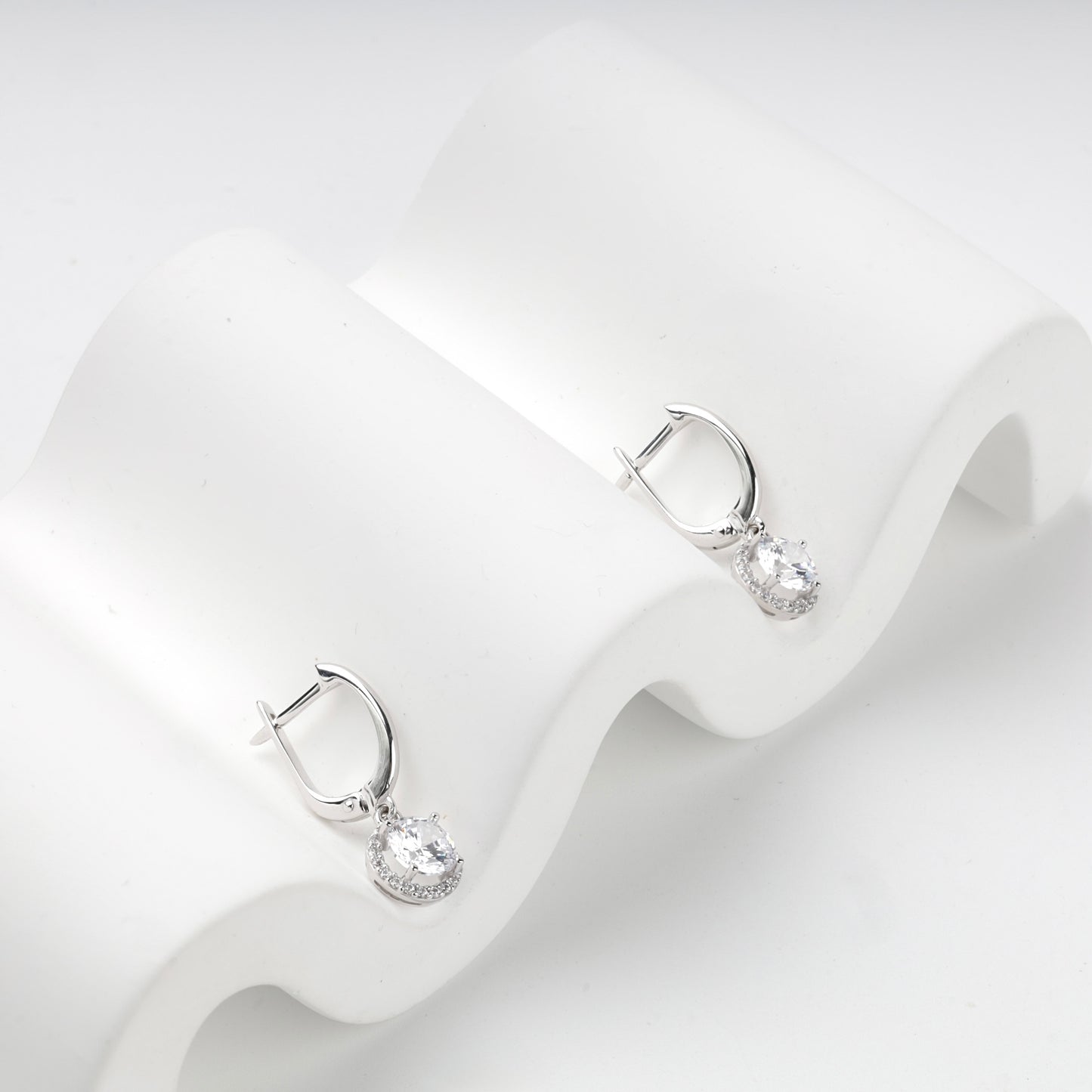 White Gold 585 round halo drop earrings, pair view