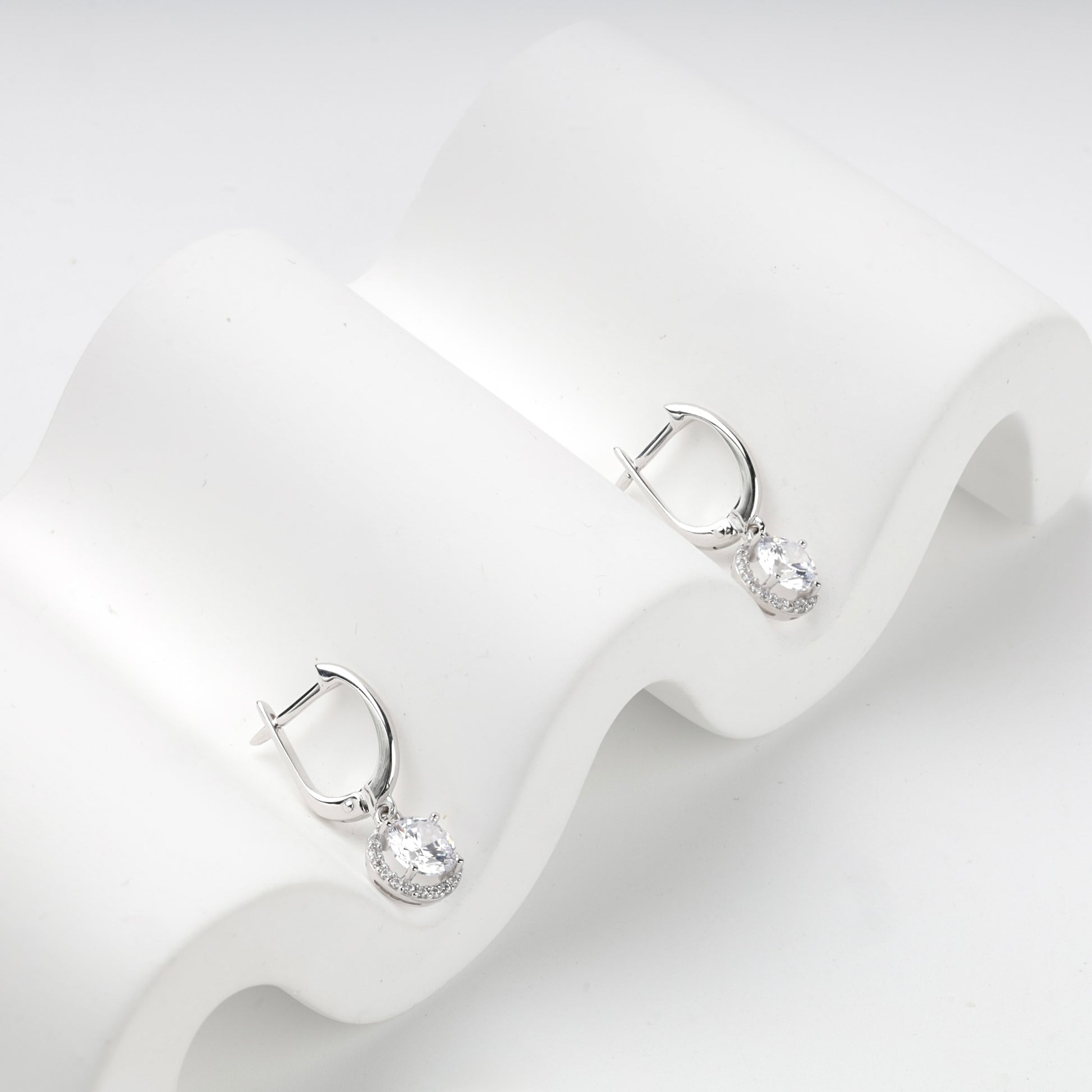 White Gold 585 round halo drop earrings, pair view