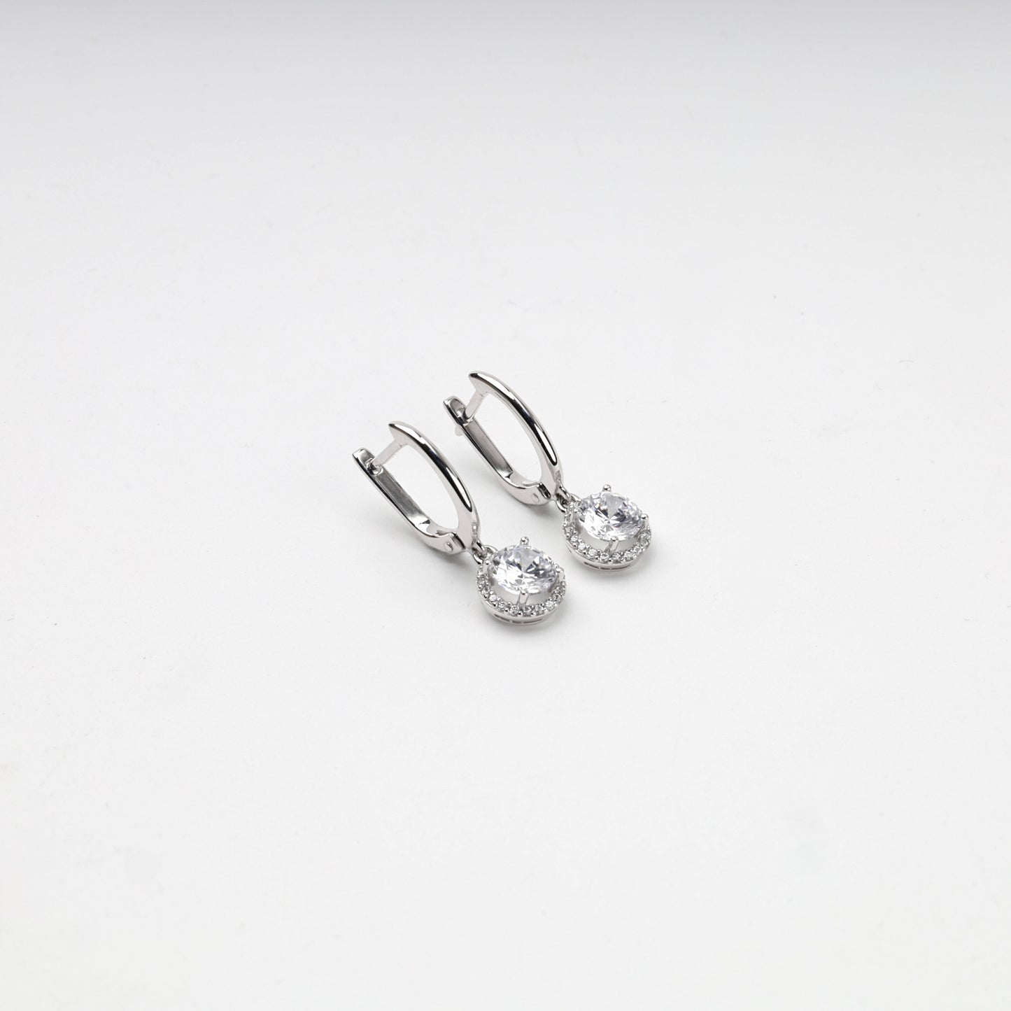 White Gold 14K cubic zirconia halo drop earrings, front view