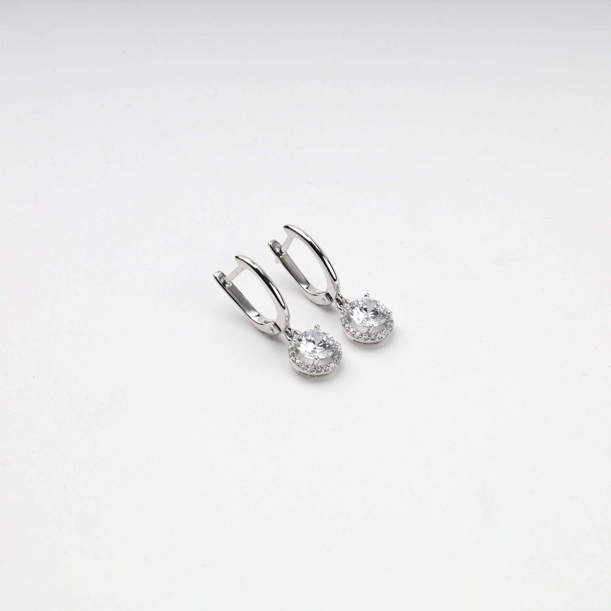White Gold 14K cubic zirconia halo drop earrings, front view