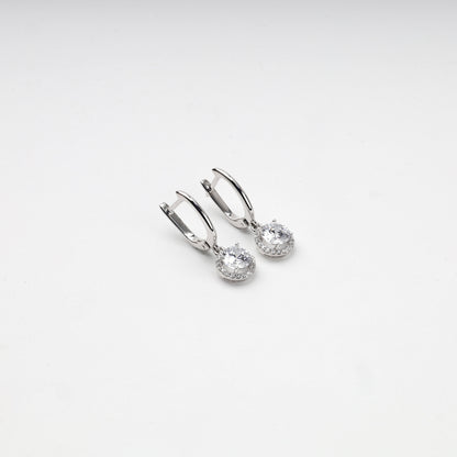 White Gold 14K cubic zirconia halo drop earrings, front view