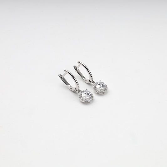 White Gold 14K cubic zirconia halo drop earrings, front view