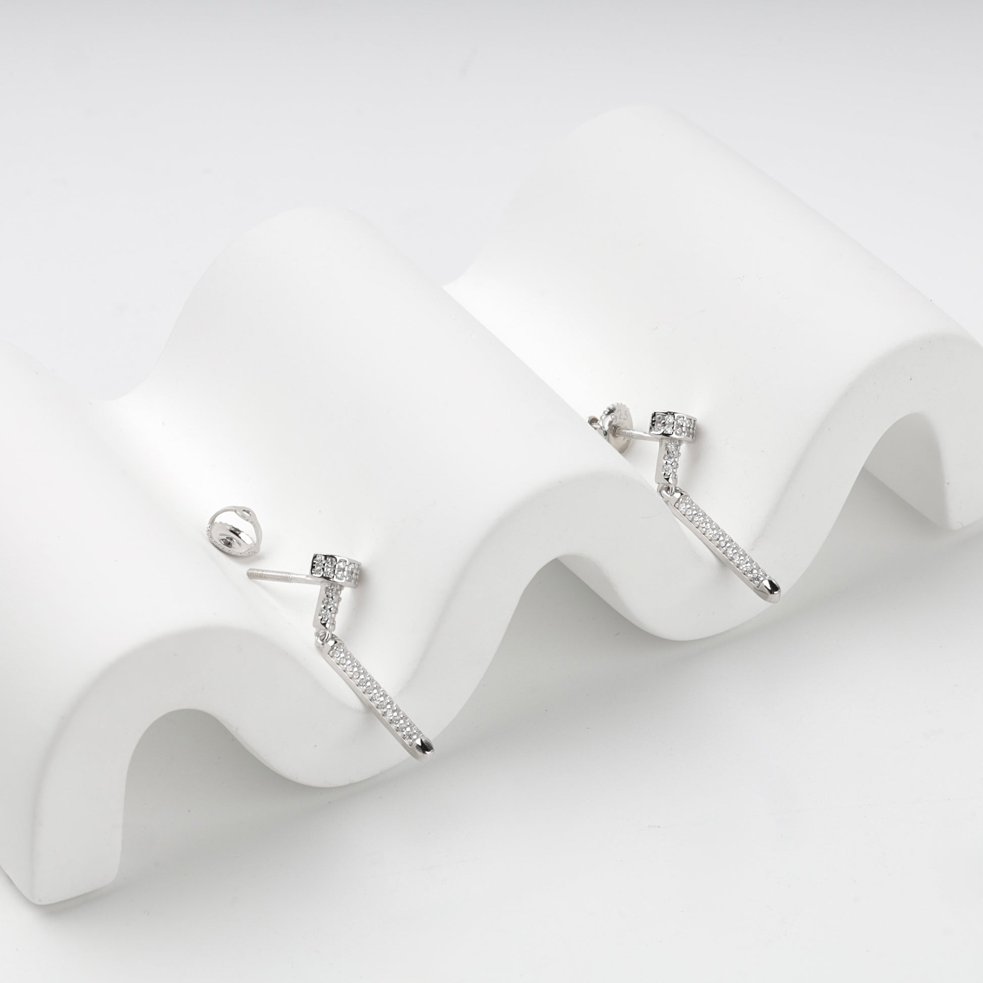 Rhodium-plated Silver 925 cubic zirconia bar drop earrings, product view 6 — Kabluchka