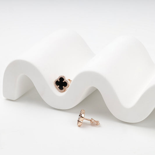 Rose Gold clover stud earring with black agate and cubic zirconia — side view — Kabluchka