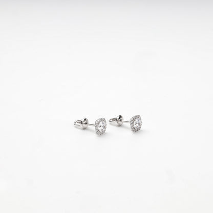 Cushion-shaped cubic zirconia halo studs, angled view