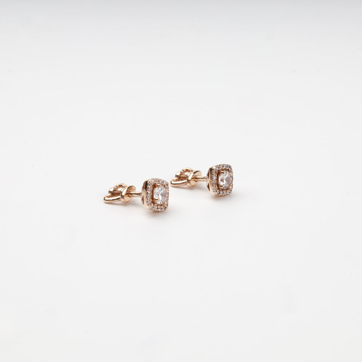 Rose Gold 14K cubic zirconia square halo stud earrings — angled pair view — Kabluchka
