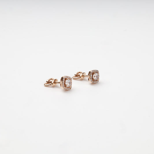 Rose Gold 14K cubic zirconia square halo stud earrings — angled pair view — Kabluchka