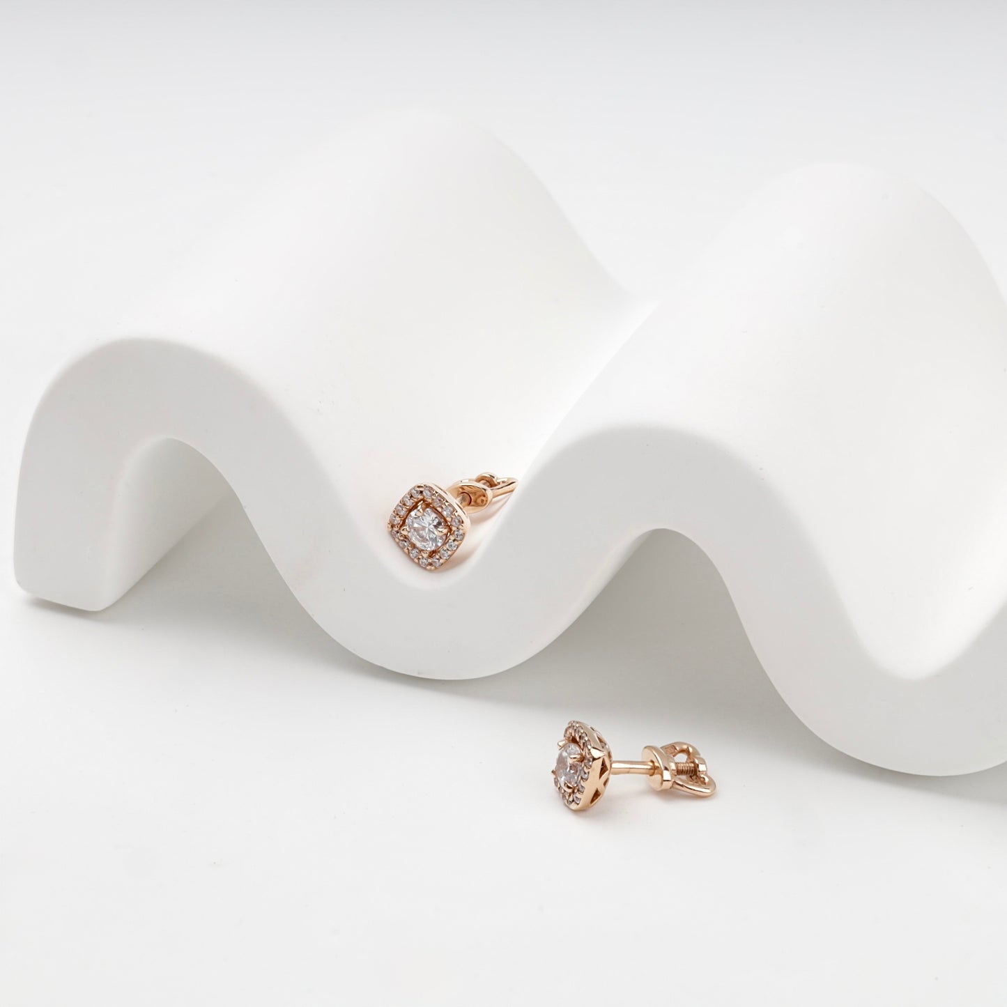Rose Gold 14K square halo stud earring — detailed view — Kabluchka