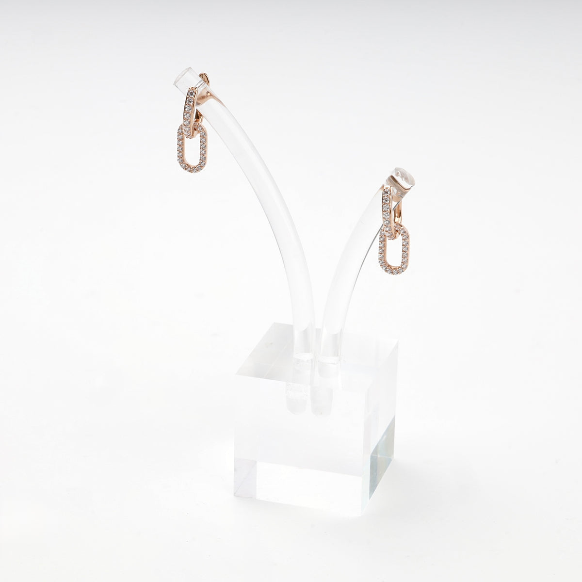 Rose Gold 14K cubic zirconia elongated huggie hoop earrings — display view — Kabluchka