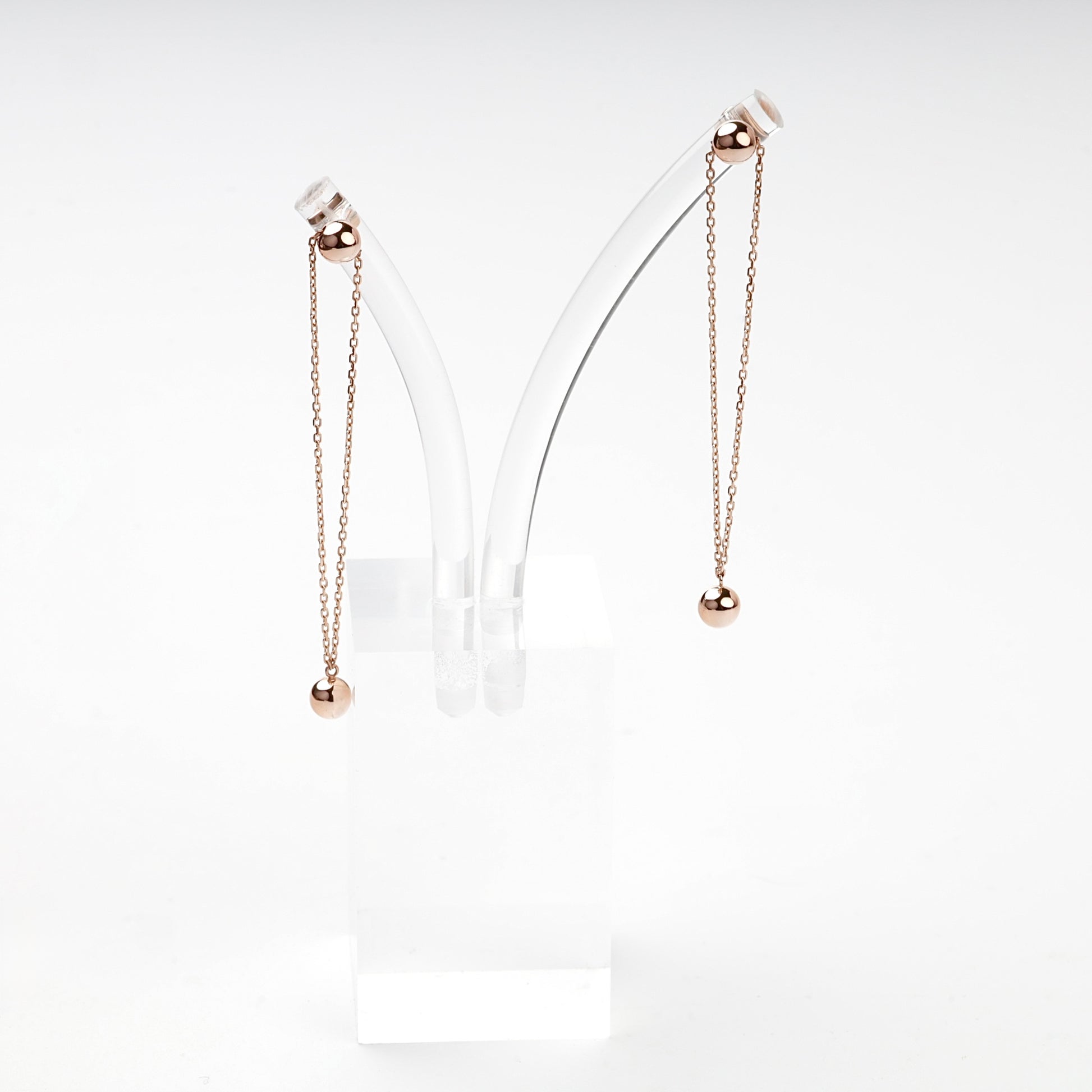 Rose Gold 14K double-chain ball drop earrings on display — Kabluchka