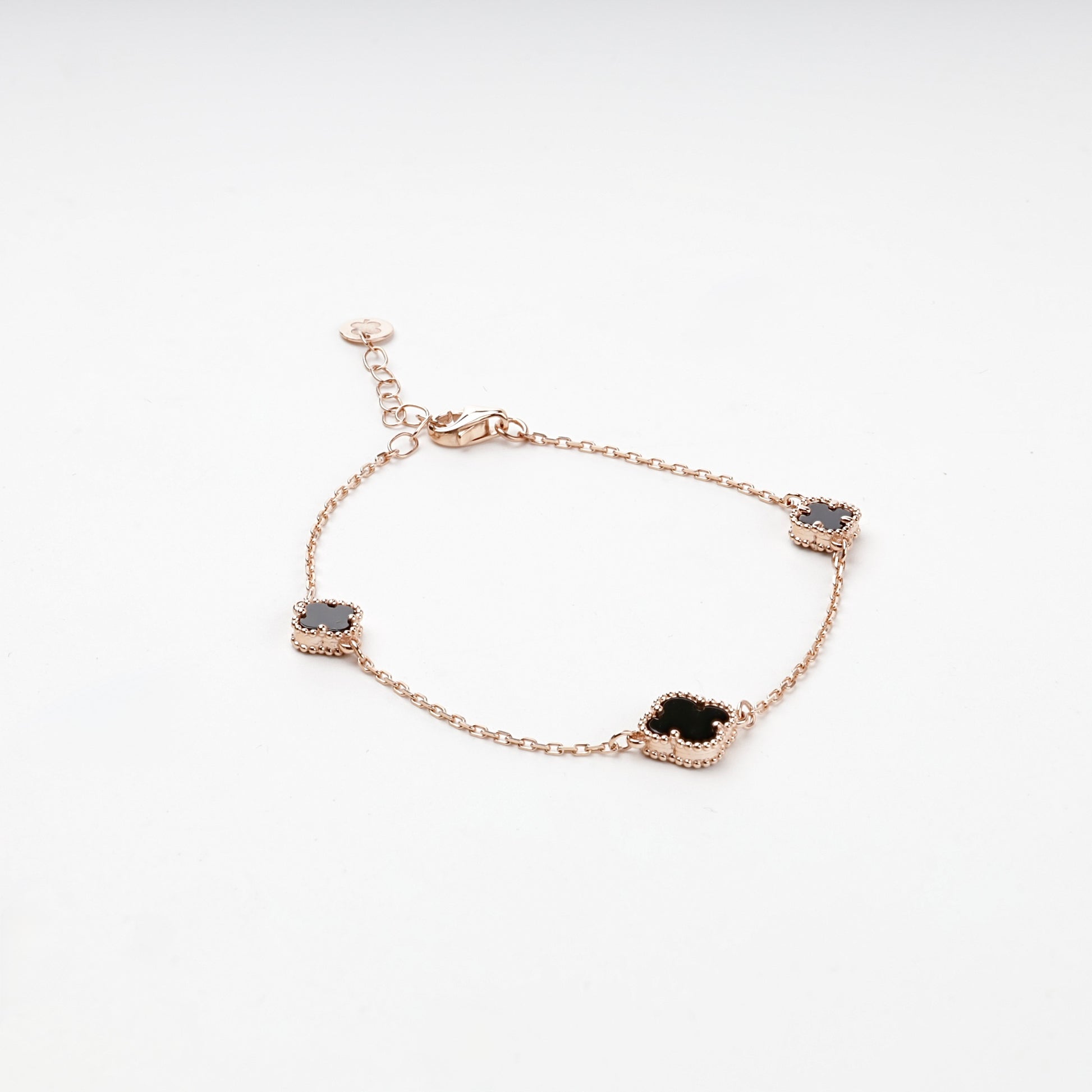 Rose Gold 14K black onyx clover station bracelet — Kabluchka