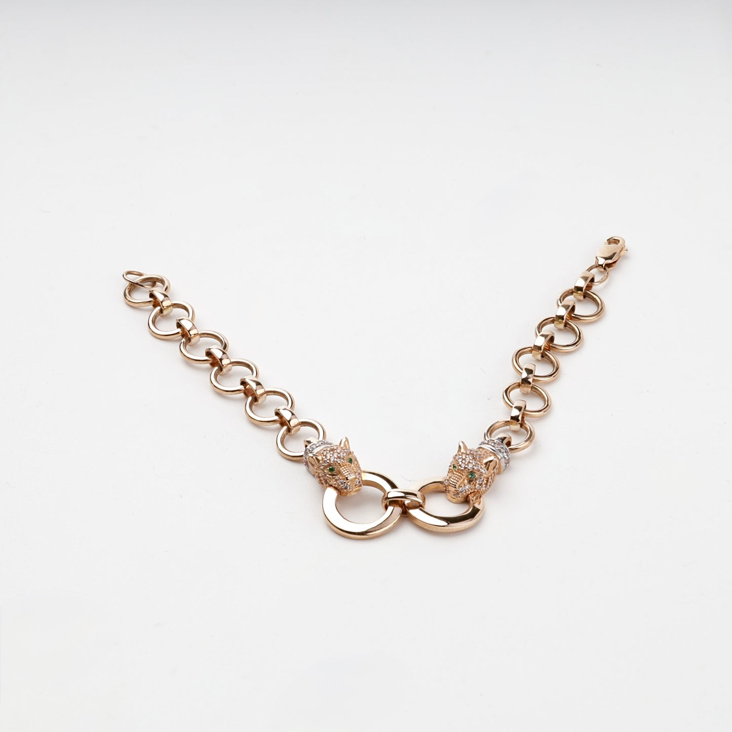 Rose Gold 14K (585) cubic zirconia panther link bracelet, product view 2 — Kabluchka