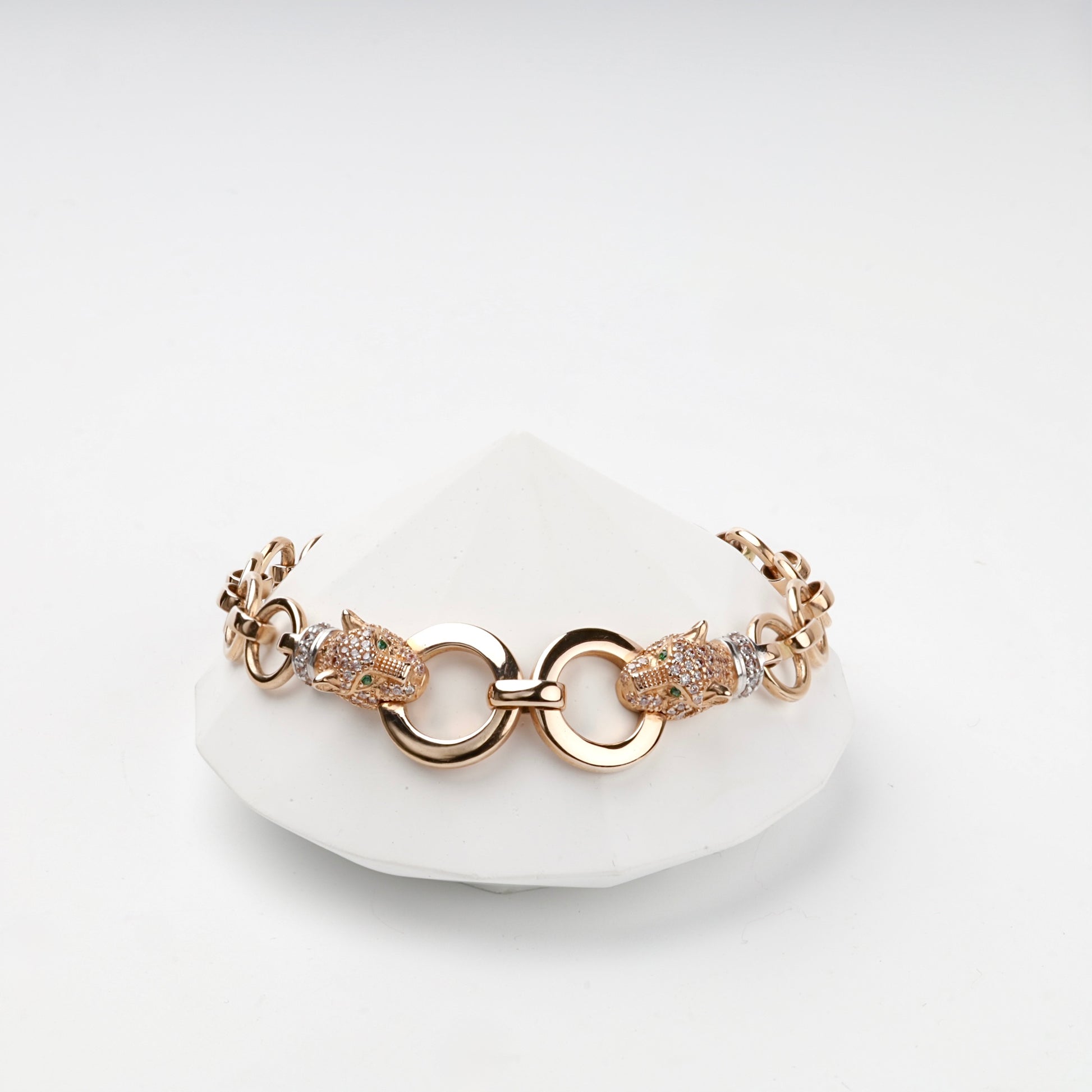Rose Gold 14K (585) cubic zirconia panther link bracelet, product view 3 — Kabluchka