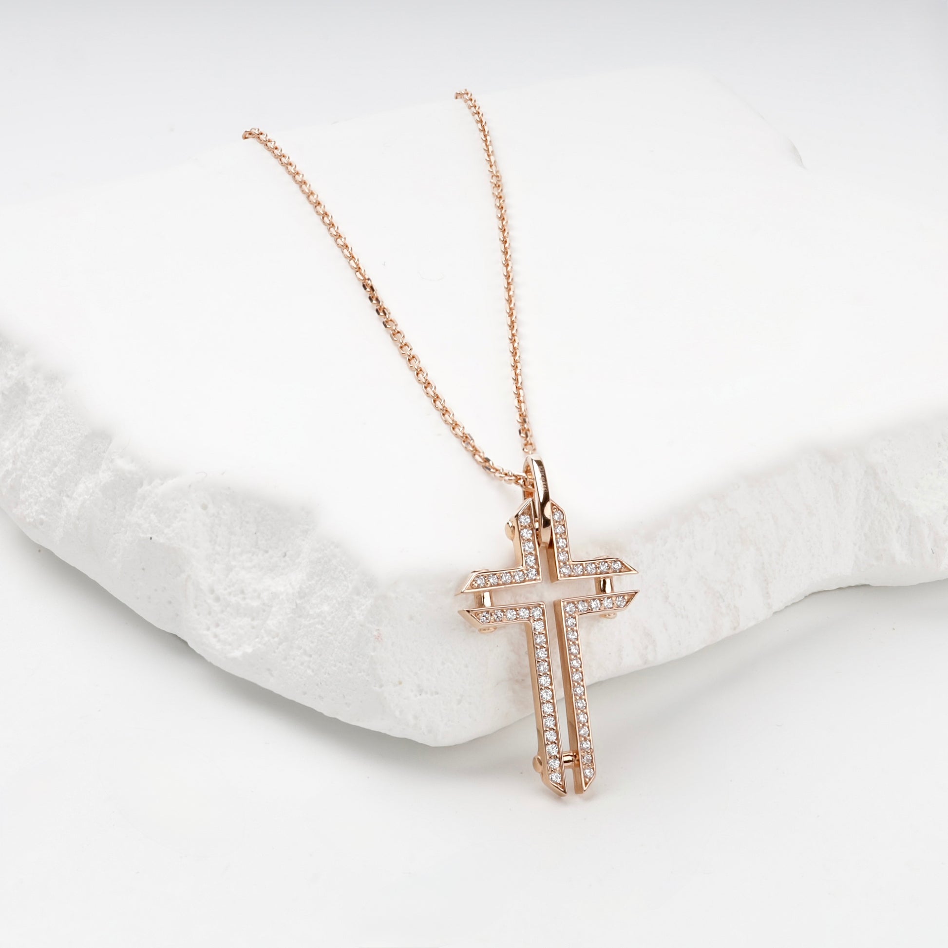 Rose Gold 14K (585) geometric cubic zirconia cross pendant, product view 4 — Kabluchka