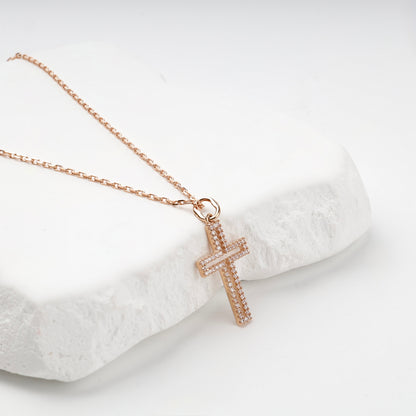 Rose Gold 14K (585) cubic zirconia outline cross pendant, product view 4 — Kabluchka