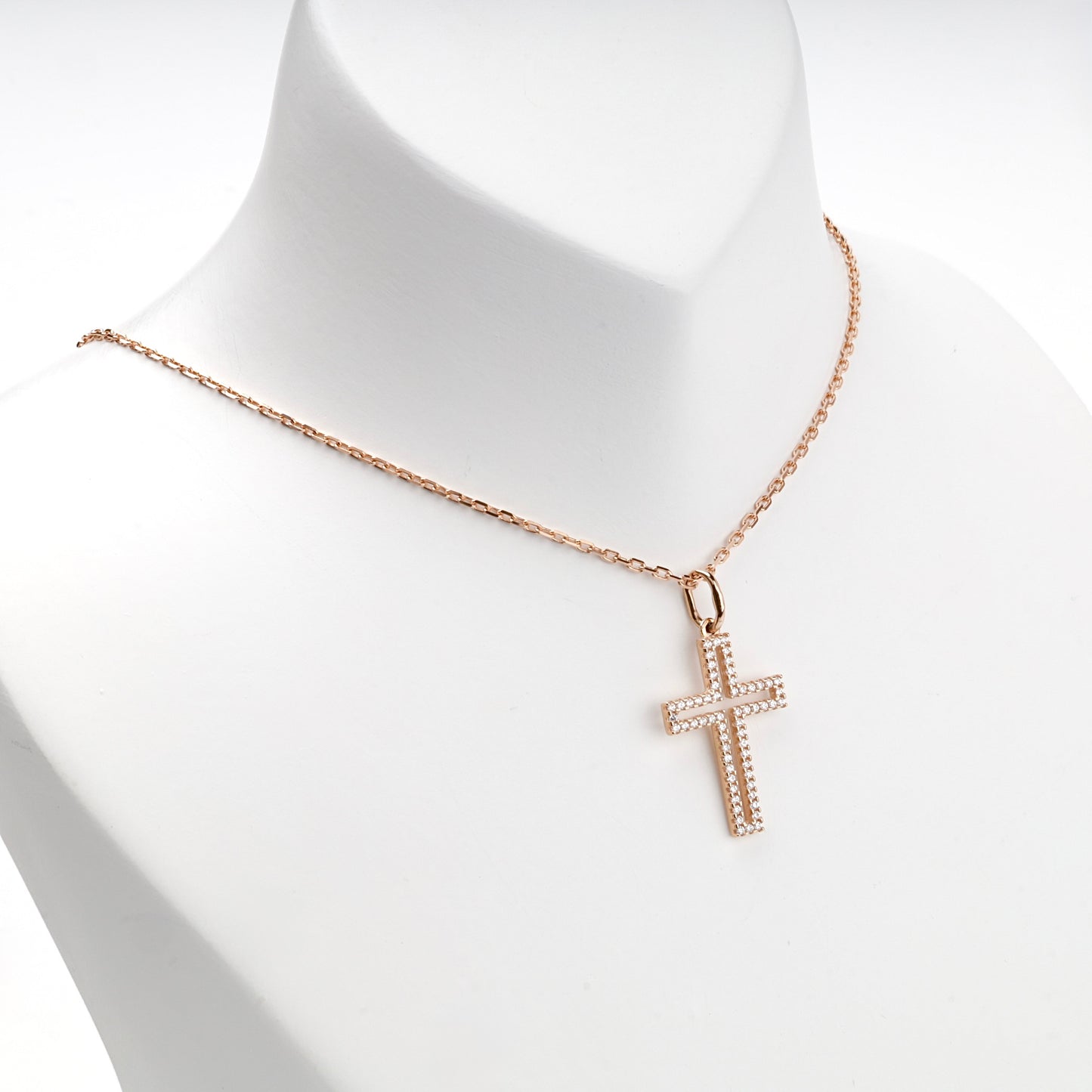Rose Gold 14K (585) cubic zirconia outline cross pendant, product view 2 — Kabluchka