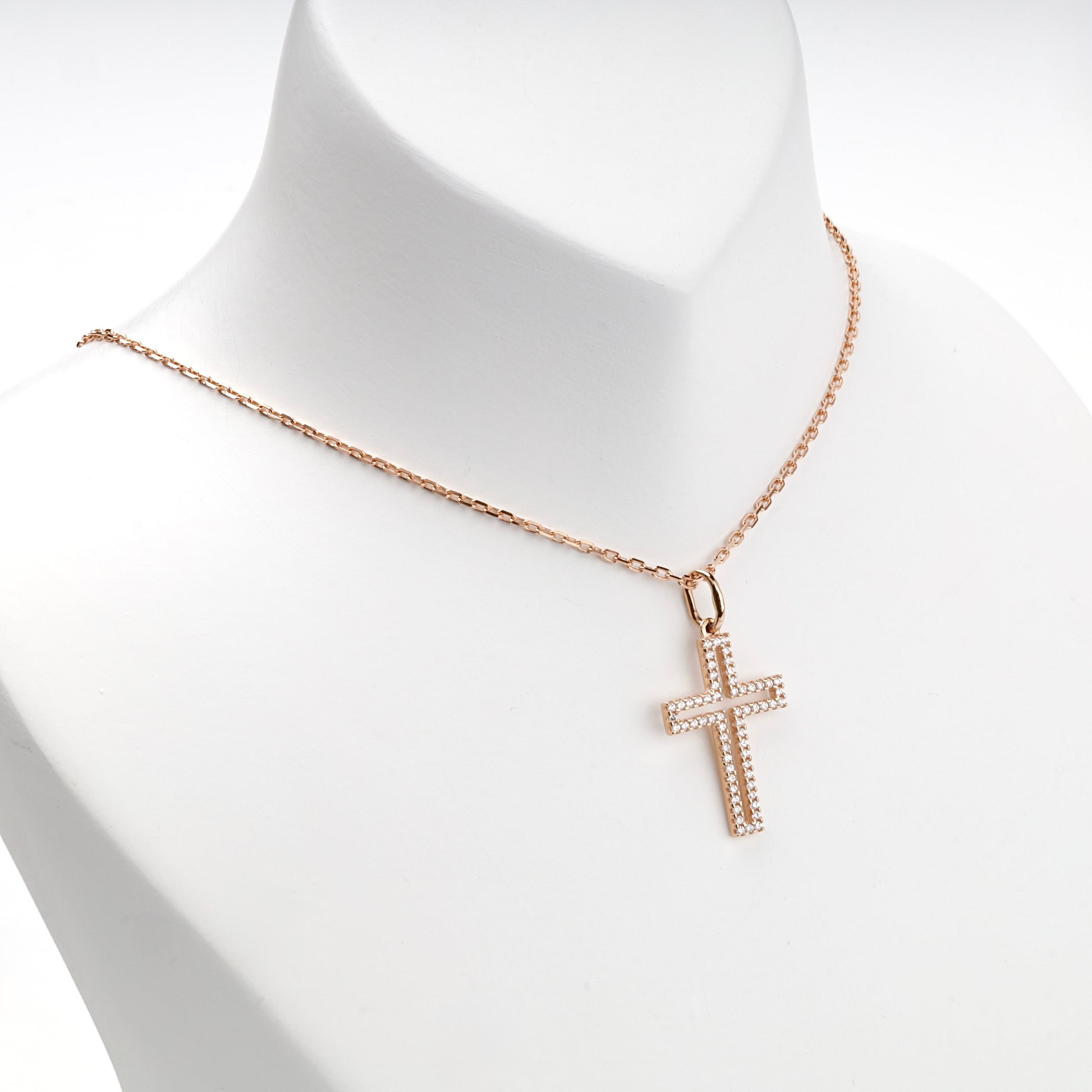 Rose Gold 14K (585) cubic zirconia outline cross pendant, product view 2 — Kabluchka