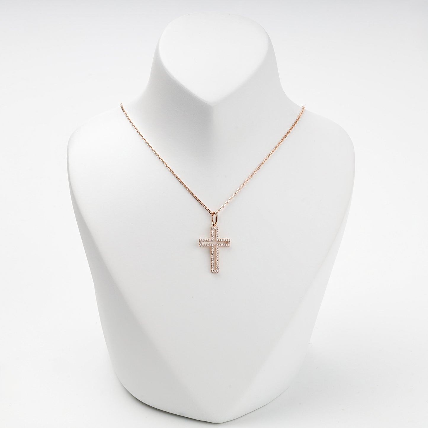 Rose Gold 14K (585) cubic zirconia outline cross pendant, product view 3 — Kabluchka