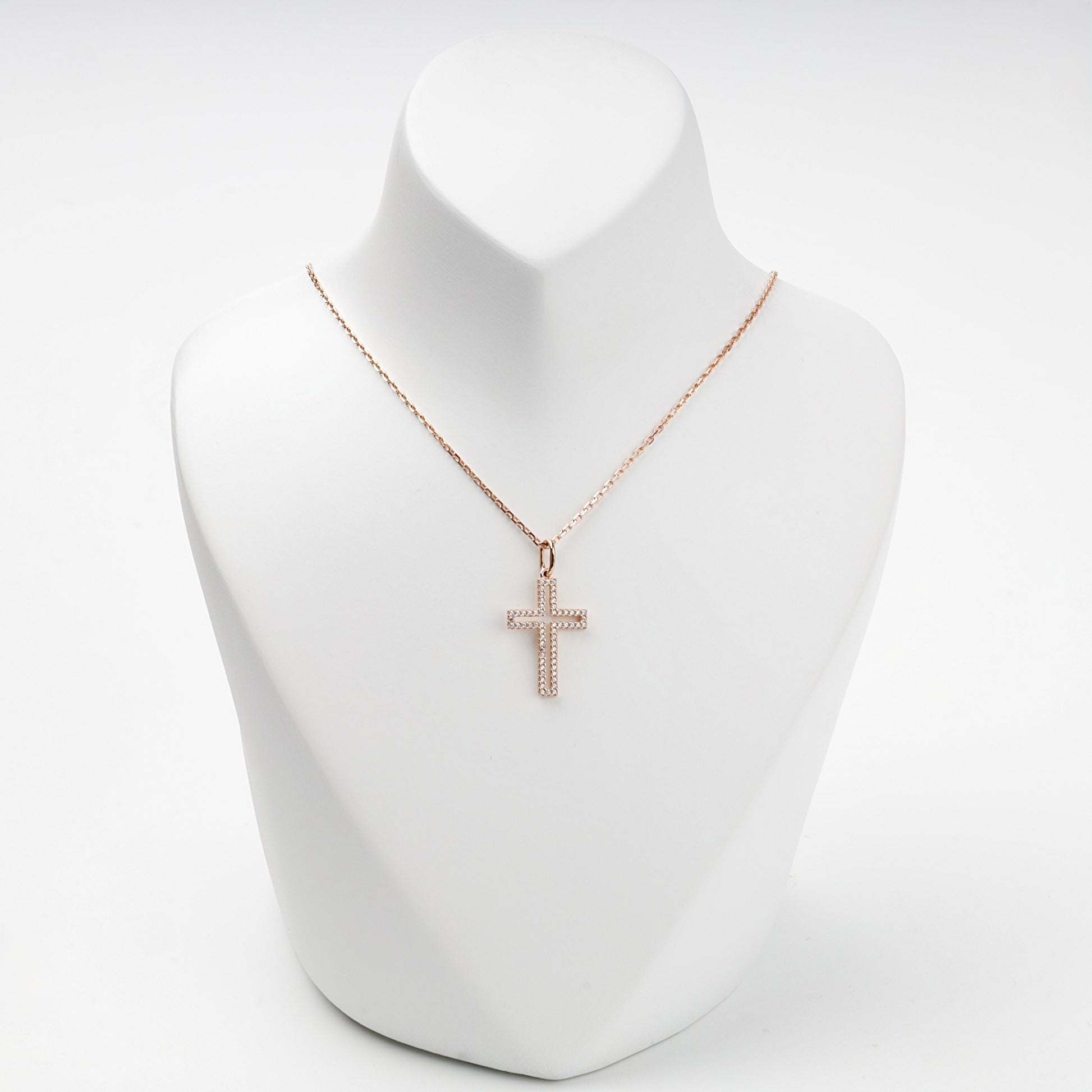 Rose Gold 14K (585) cubic zirconia outline cross pendant, product view 3 — Kabluchka