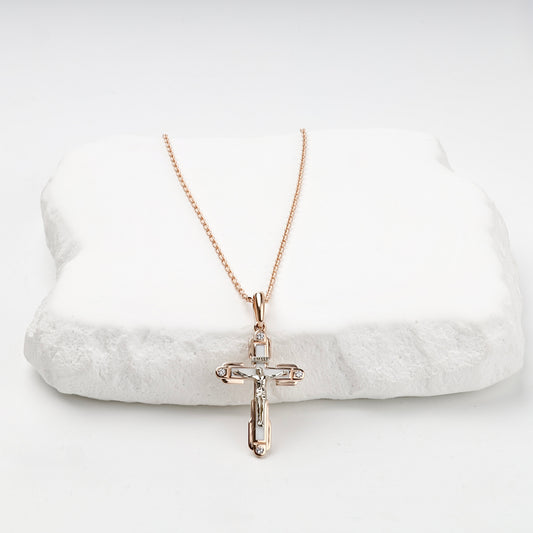 White enamel and cubic zirconia cross pendant, front view — Kabluchka
