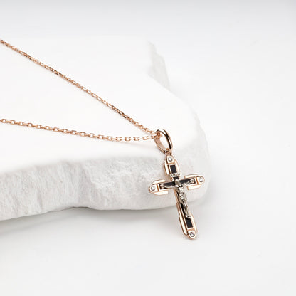 Black enamel and cubic zirconia cross pendant, front view — Kabluchka