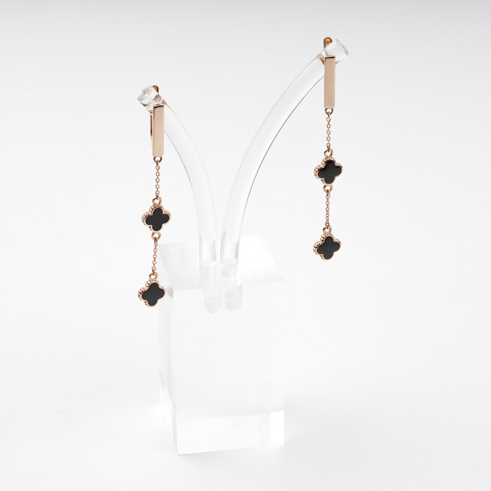 Rose Gold 14K black and white enamel double-clover drop earrings — Kabluchka
