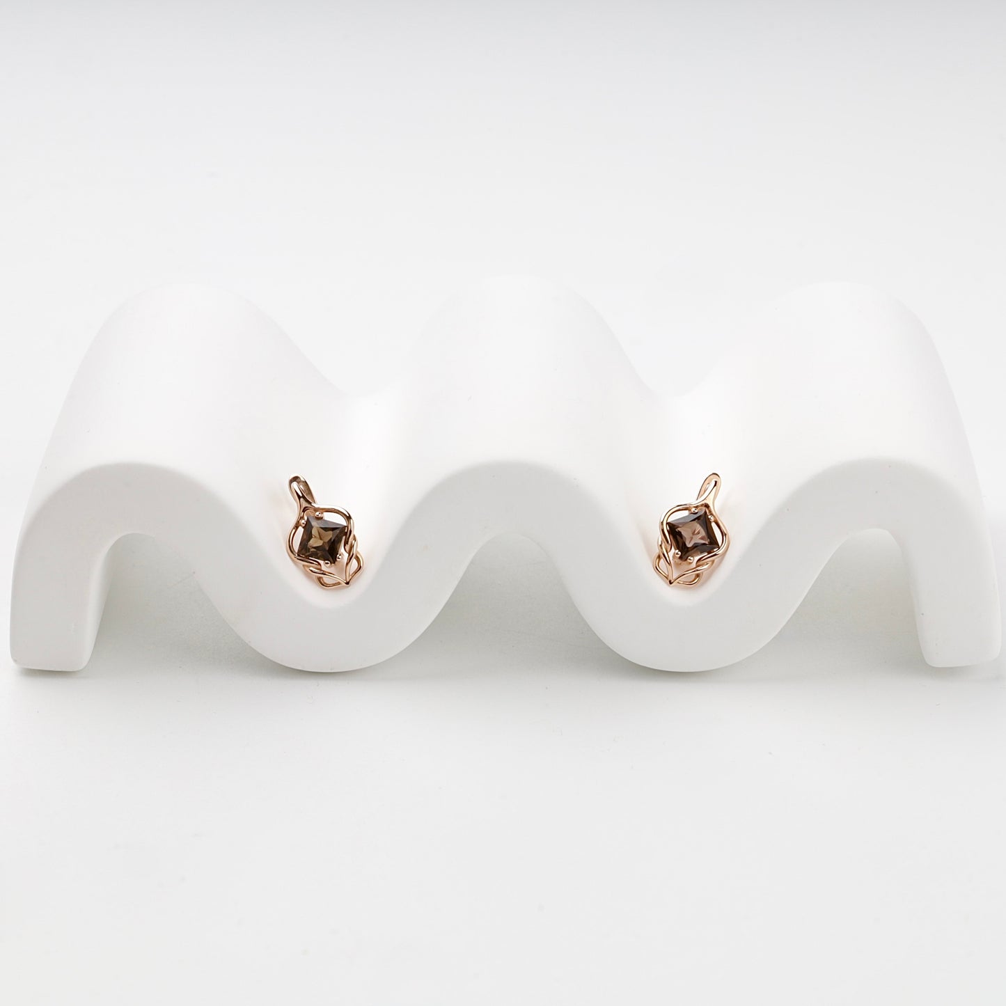 Rose Gold 585 smoky quartz earrings, styled pair view