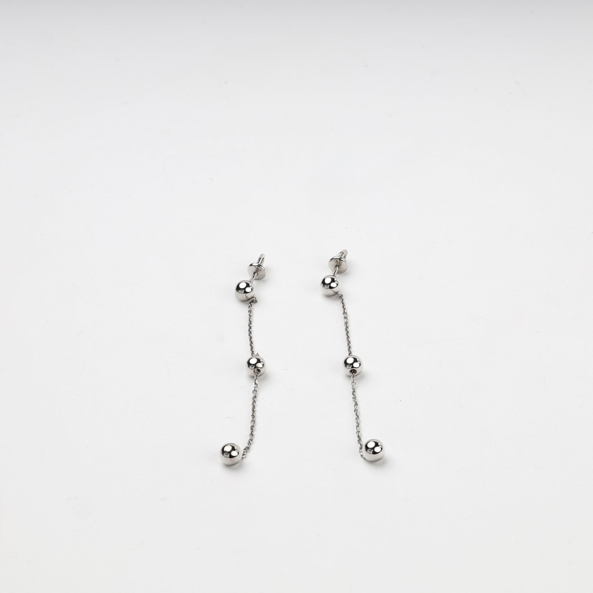 Long silver threader drop earrings with three polished balls — Kabluchka