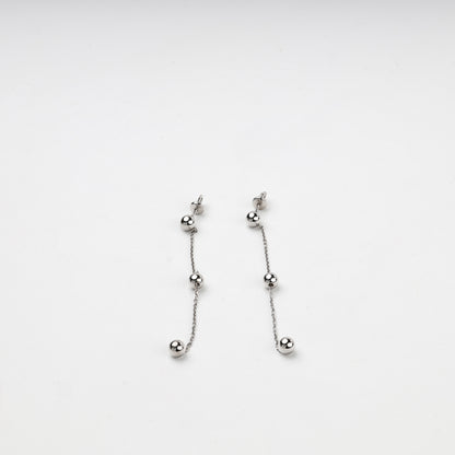 Long silver threader drop earrings with three polished balls — Kabluchka