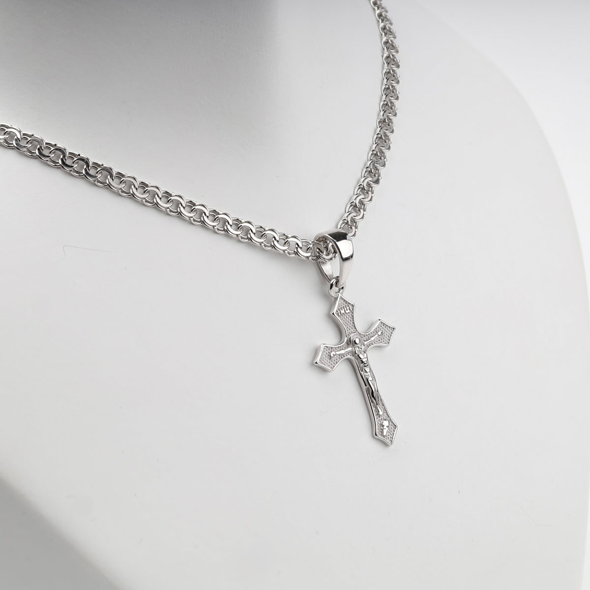 Silver 925 textured Orthodox crucifix pendant — styled on chain — Kabluchka