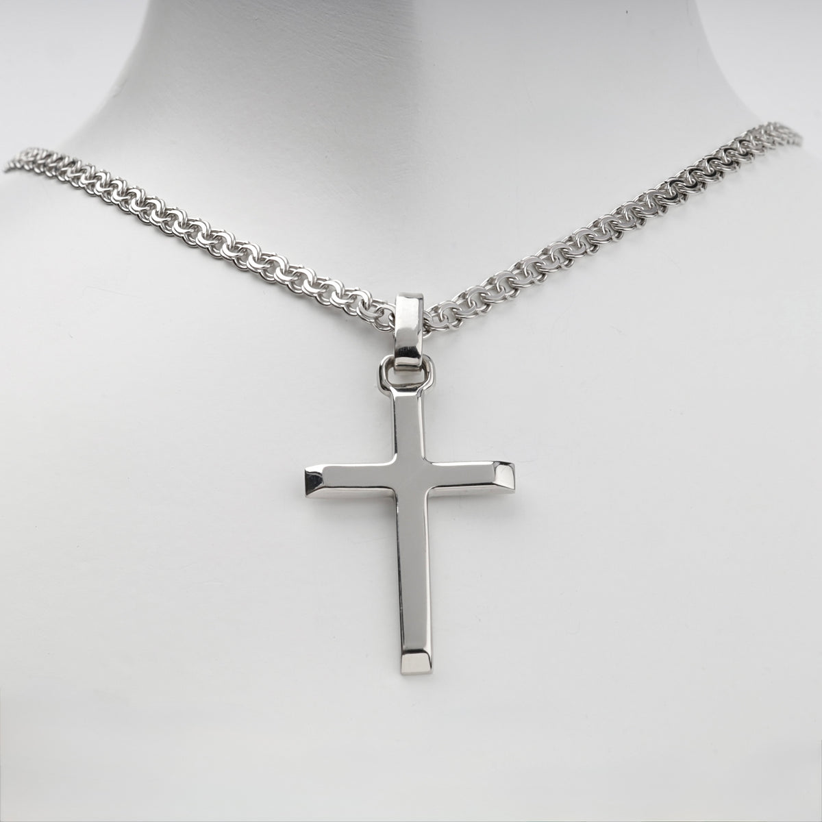 Silver 925 polished cross pendant with reverse inscription — styled on chain — Kabluchka