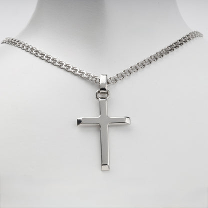 Silver 925 polished cross pendant with reverse inscription — styled on chain — Kabluchka