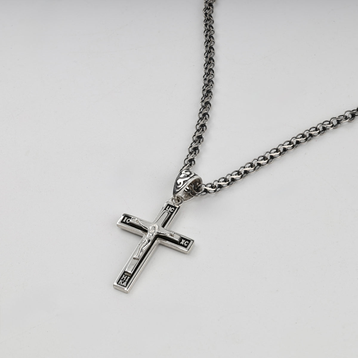 Silver 925 black enamel crucifix pendant on chain — back view — Kabluchka