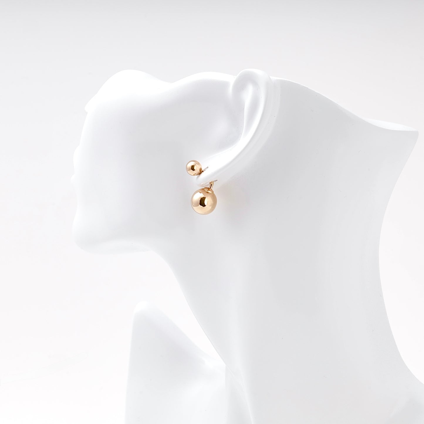 Rose Gold 585 Double Ball Drop Earrings on ear — 2/0026 — Kabluchka