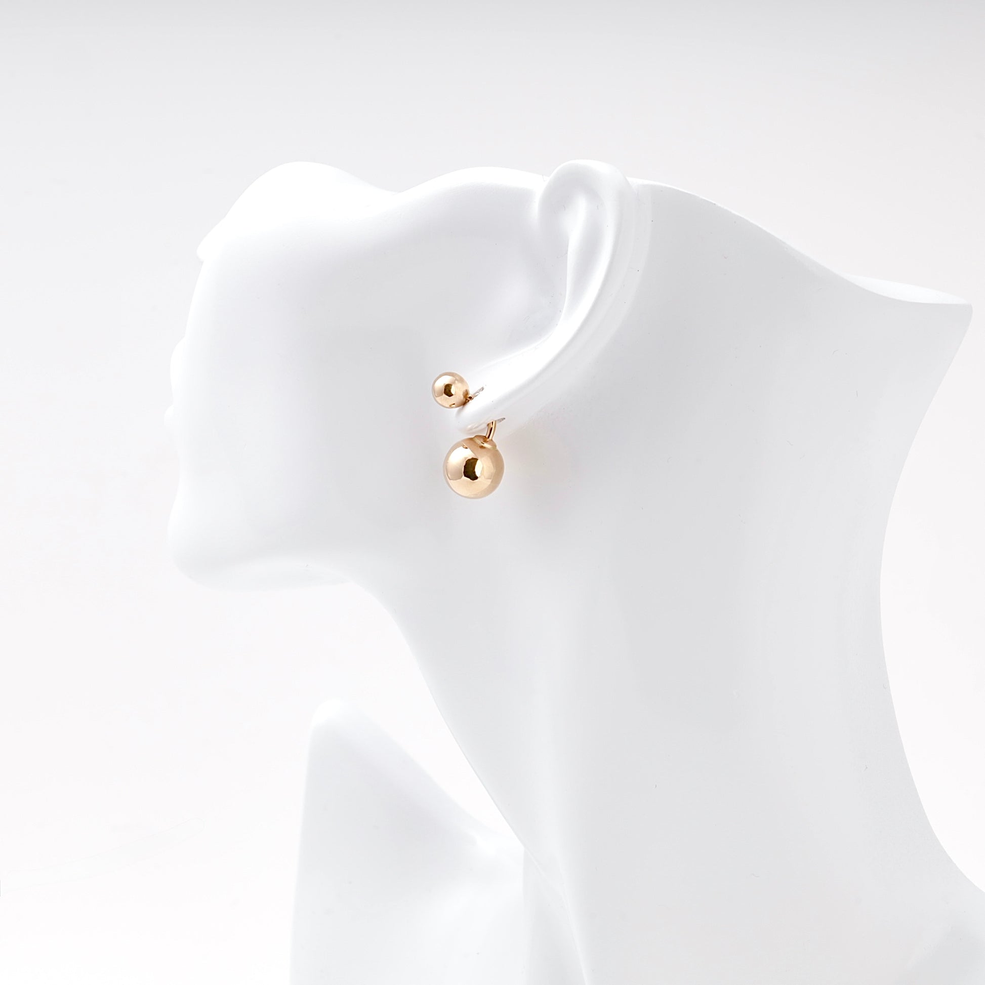 Rose Gold 585 Double Ball Drop Earrings on ear — 2/0026 — Kabluchka