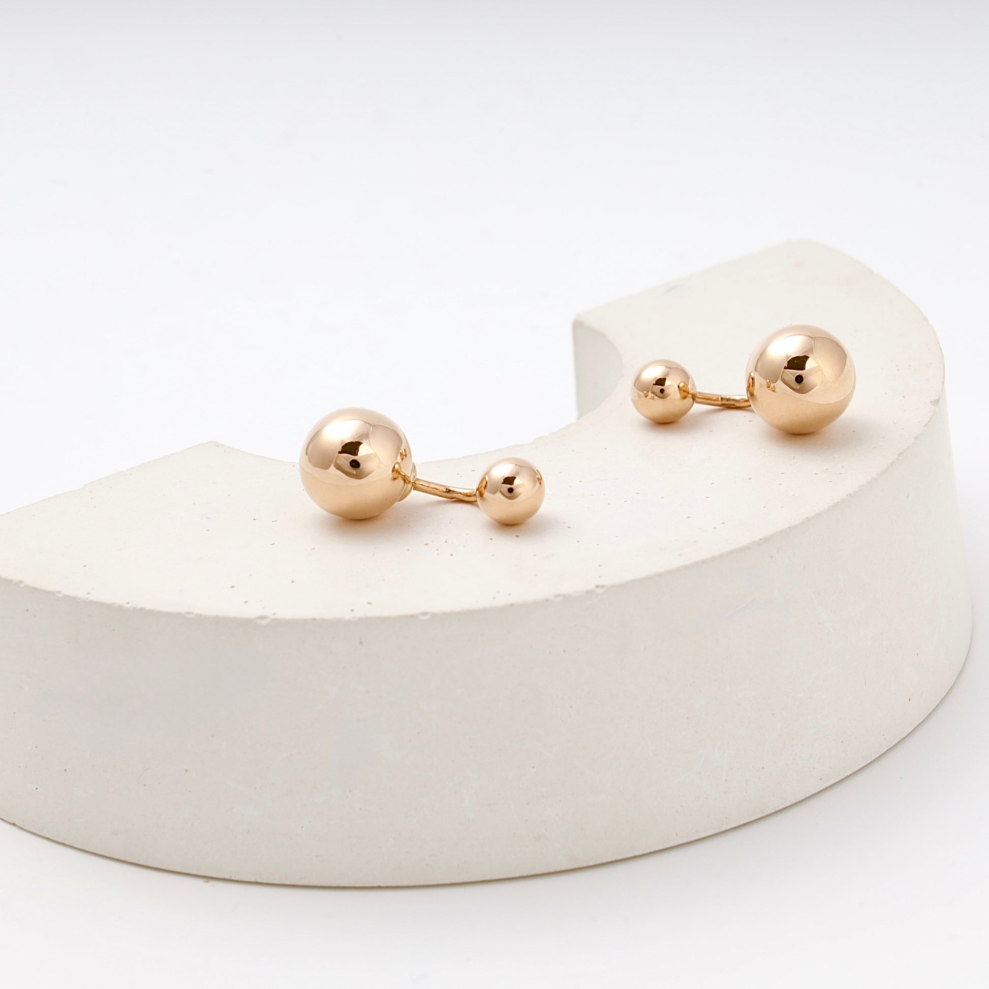 Rose Gold 585 Double Ball Drop Earrings pair on display — Kabluchka