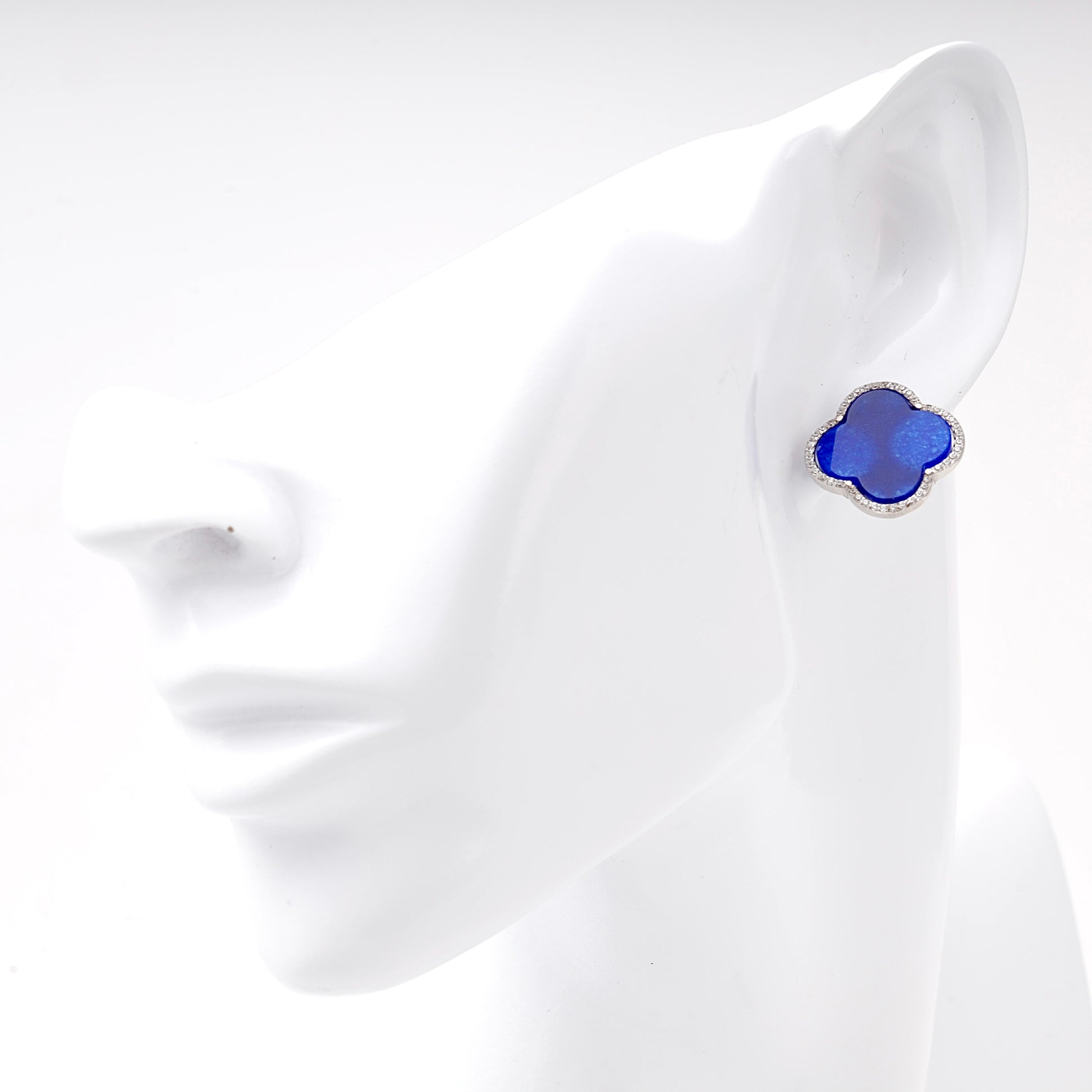 Silver 925 Blue Clover Earrings with CZ Border on model — Kabluchka