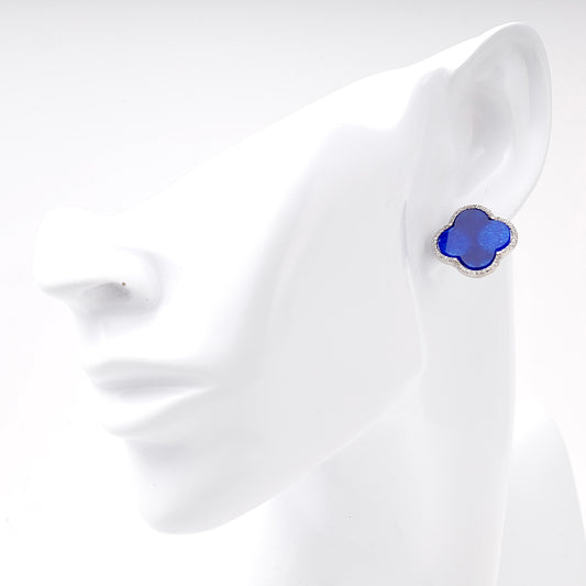 Silver 925 Blue Clover Earrings with CZ Border on model — Kabluchka
