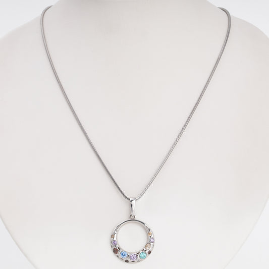 White gold 14K open circle pendant with multicolor Swarovski zirconia on chain — Kabluchka