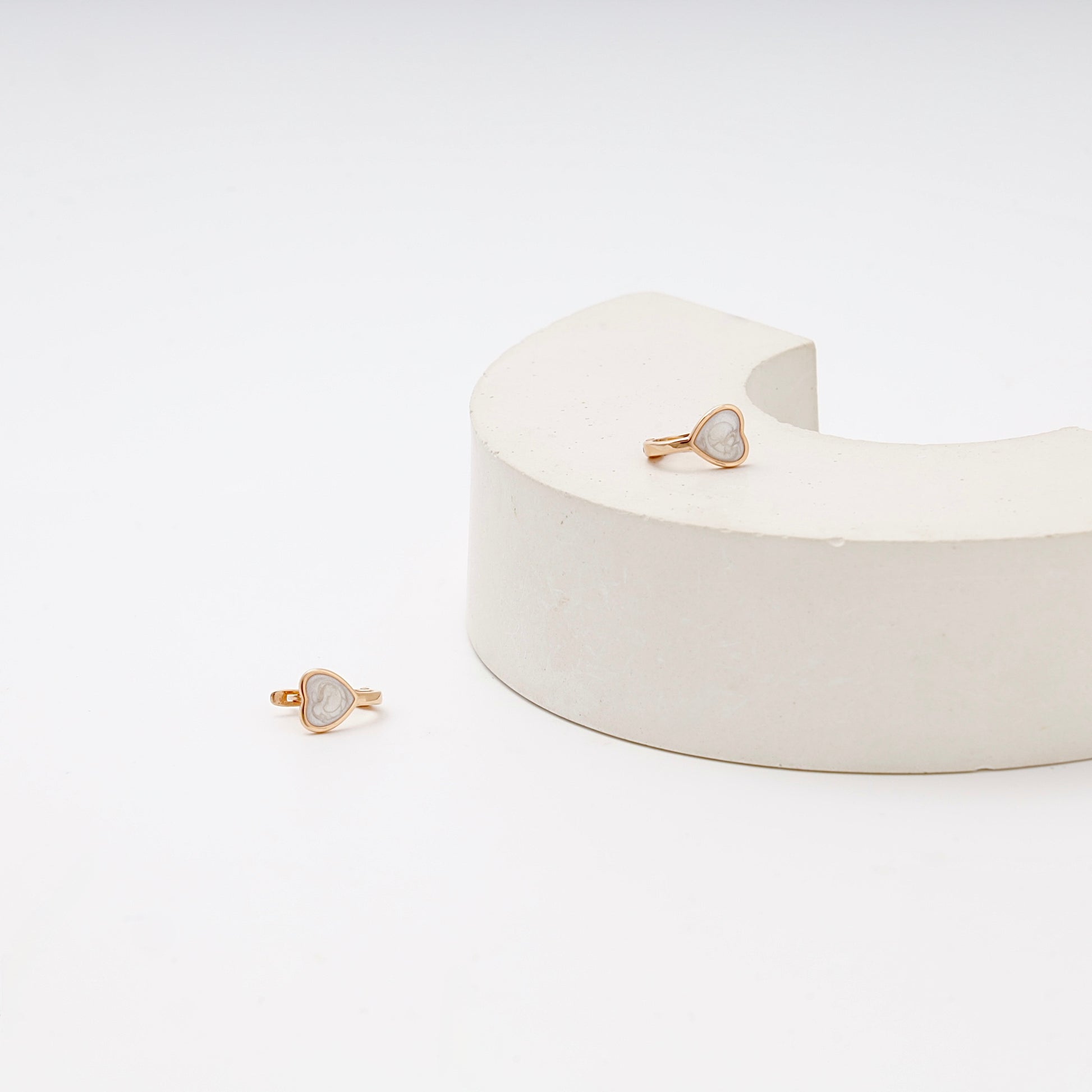 Children's Rose Gold 585 Heart Earrings with White Enamel — front view — Kabluchka
